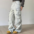 Autumn Winter New Ladies Cargo Jeans American Street Style Baggy Cargo Pants Women Blue Multi-pocket Wide Leg Jeans for Women. 