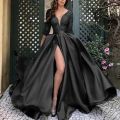 Women's Dress Spring Slim Lace Stitching Split Dress Women's Fashion Long Sleeve V-neck High Waist Party Formal Dress.