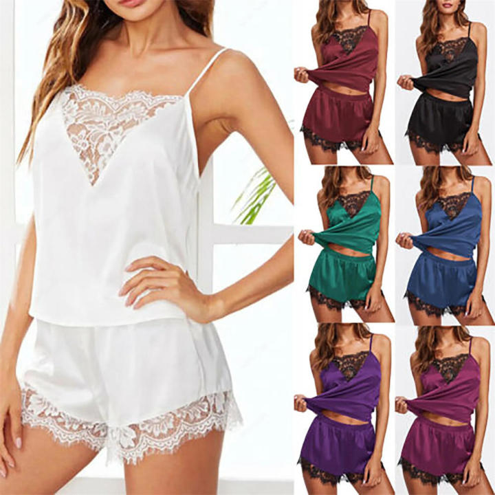 Lace Women Pajamas Set Soft Satin Satin Sleepwear Lace Lingerie for Home Sleep Ladies Wear Loungewear