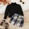 【In-Demand Item】 2PCS Autumn And Winter 1-4 Year Old Girls And Baby Trendy And Fashionable Solid Color High-Necked Top + Plaid Skirt Suit.