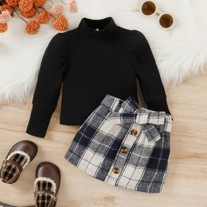 %E3%80%90In-Demand%20Item%E3%80%91%202PCS%20Autumn%20And%20Winter%201-4%20Year%20Old%20Girls%20And%20Baby%20Trendy%20And%20Fashionable%20Solid%20Color%20High-Necked%20Top%20+%20Plaid%20Skirt%20Suit%20-%20Image%203