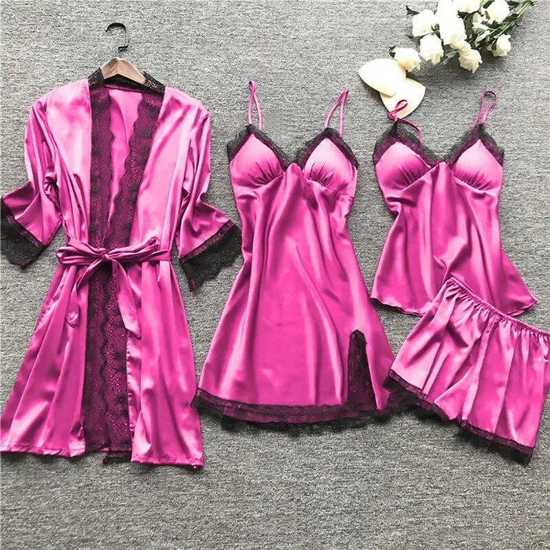 Women Pajamas Sets Satin Sleepwear Silk 4 Pieces Nightwear