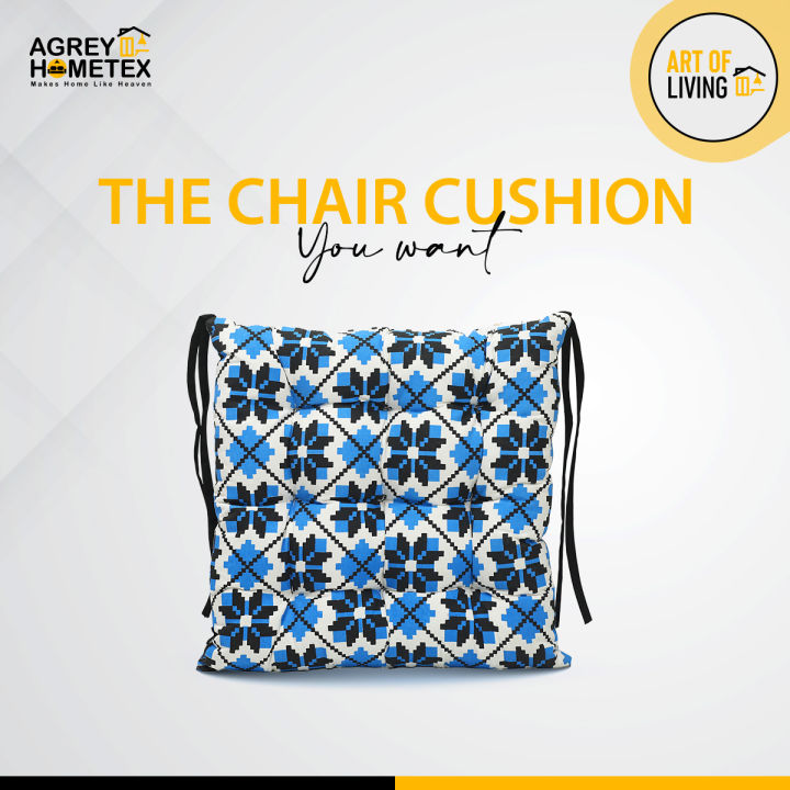 Square Chair Cushion, Cotton Fabric, Blue & Black, (14″x14″)