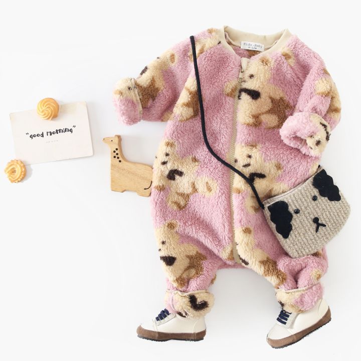 【Broad Sunlight shop】(NEW)Korean Style Zipper Winter Baby Rompers Cute Bear Printing Fleece Thickened Long Sleeve Toddler Jumpsuits Clothing Warm