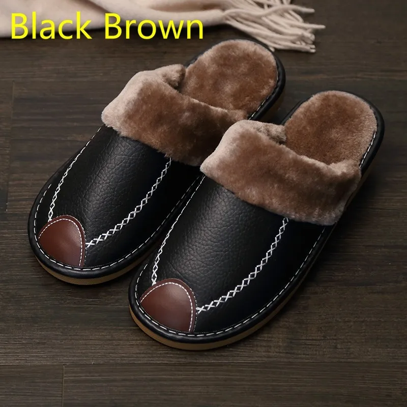 Men Slippers Black New Winter PU Leather Slippers Warm Indoor