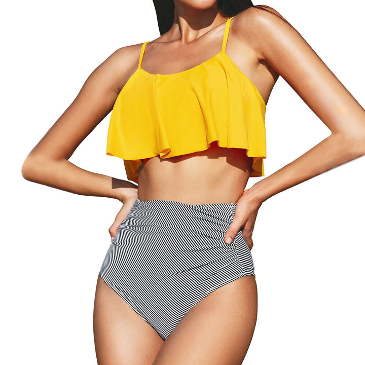 2024 New Bikini Set Ruffled Top Stripe Bottom Swimsuit Women