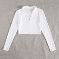 Ladies Collar Long Sleeve Ribbed Crop Top Blouse, Casual Fit, Stylish Slim Wear. 