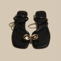 Ruoki 2024 summer new black square toe slippers women's low heel light wear clip-toe flat casual slippers.