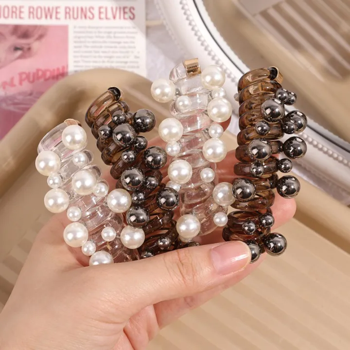 Women%20Girls%20Telephone%20Wire%20Hair%20Rubber%20Band%20Versatile%20Elastic%20Ponytail%20Holder%20Imitation%20Pearl%20Spiral%20Hair%20Tie%20Hair%20Accessories%20-%20Image%202