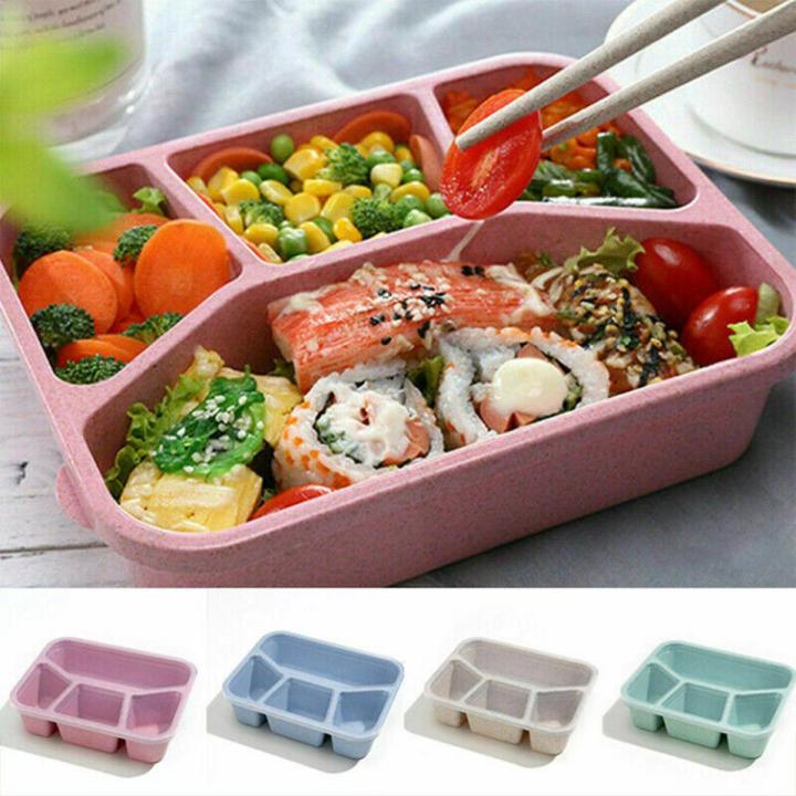 4 Compartments Lunch Box Wheat Straw Picnic Food Container Bento Storage Boxes For Kids Adults