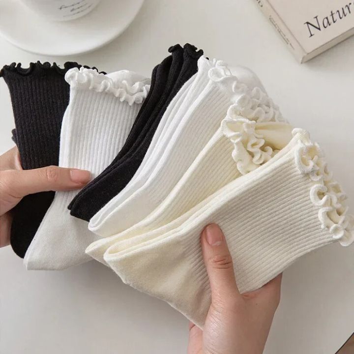 1pair%20Ruffle%20Socks%20Women%20Mid%20Crew%20Middles%20Tube%20Ankle%20High%20Breathable%20Black%20White%20Calcetines%20Female%20Spring%20Autumn%20Sock%20-%20Image%203