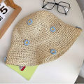 Cute Rustic Straw Sun Hat With Blue Floral Accents, Wide Brim Beach Hat For Women, Summer UV Protection, Fashionable Floppy Hat For Seaside & Outdoor Activities.