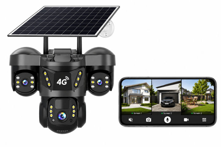 V380 Pro Three Lens Solar Powered 4G LTE Battery Backup Security Camera System PIR Motion Alarm Network CCTV Camera 3 Lens 9MP IP Camera