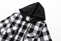 Black Red Plaid Hoodie Shirt Men Double Pocket Western Snap Casual Shirts Mens Short Sleeve Patchwork Streetwear Hoodies Shirts.