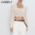 CHBBLF women stylish hollow out blouse square collar long lantern sleeve shirt female elegant solid crop tops blusas BGB9534. 