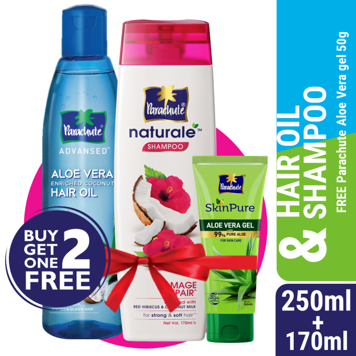 Parachute Advansed Aloe Vera Enriched Coconut Hair Oil 250ml + Parachute Naturale Damage Repair Shampoo 170ml (Free SkinPure Aloe Vera Gel 50g)