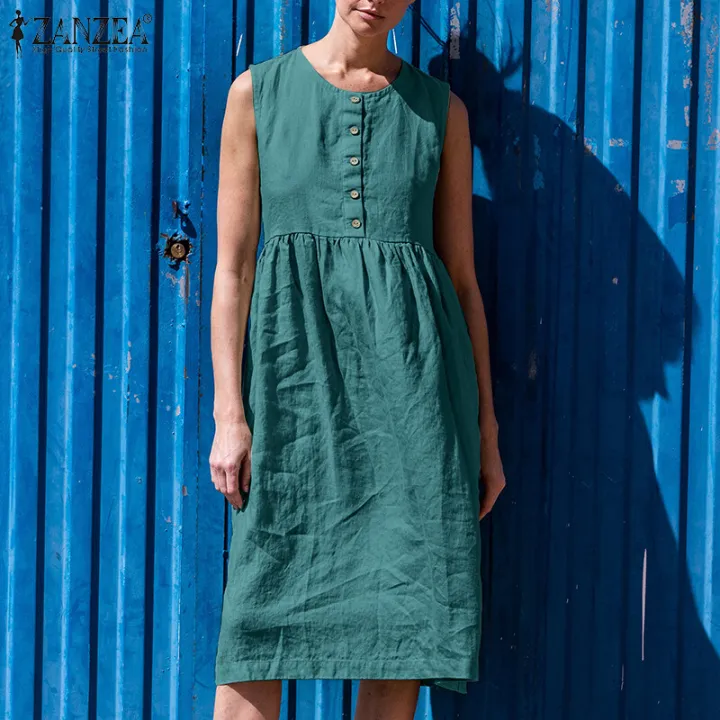 ZANZEA%20Womens%20Summer%20Sleeveless%20Tank%20Dress%20Casual%20Solid%20Cotton%20A-Line%20Midi%20Dresses%20#15%20-%20Image%203