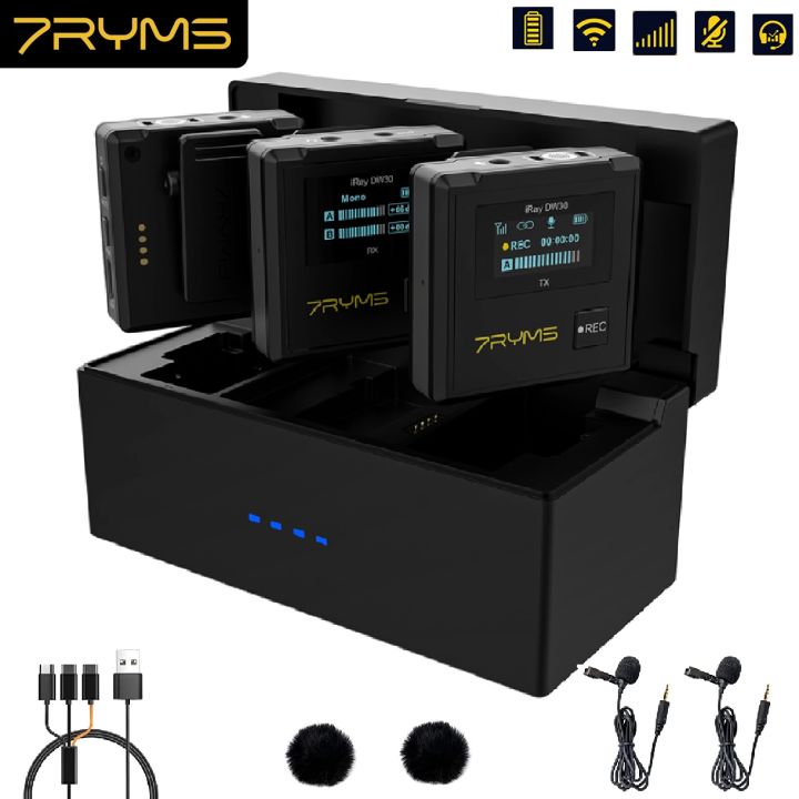 Wireless Lavalier Microphone 7RYMS iRay DW30 2.4G Lapel Mic With Charging Box For Dslr Camera Phone, Support On-board Recording