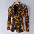 Casual Men Blazer Fashion Print One Button Autumn Single Button Colorful Pattern Suit Coat.