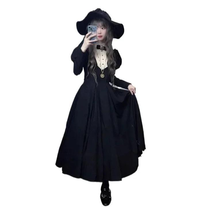 2024 New Gothic Punk Dark Style Lolita Women's Dress Harajuku Vintage Black Long Bubble Sleeve Waist Cinched Dress Autumn Winter
