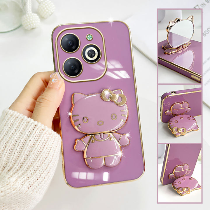 TA for Infinix Smart 8 Hot 40i Tecno Spark 20 20C Spark Go 2024 Pop 8 Back Cover Back Cover Hello Kitty Mirror Folding Bracket Luxury Plating Case Soft Silicone Square Phone Case for Girls