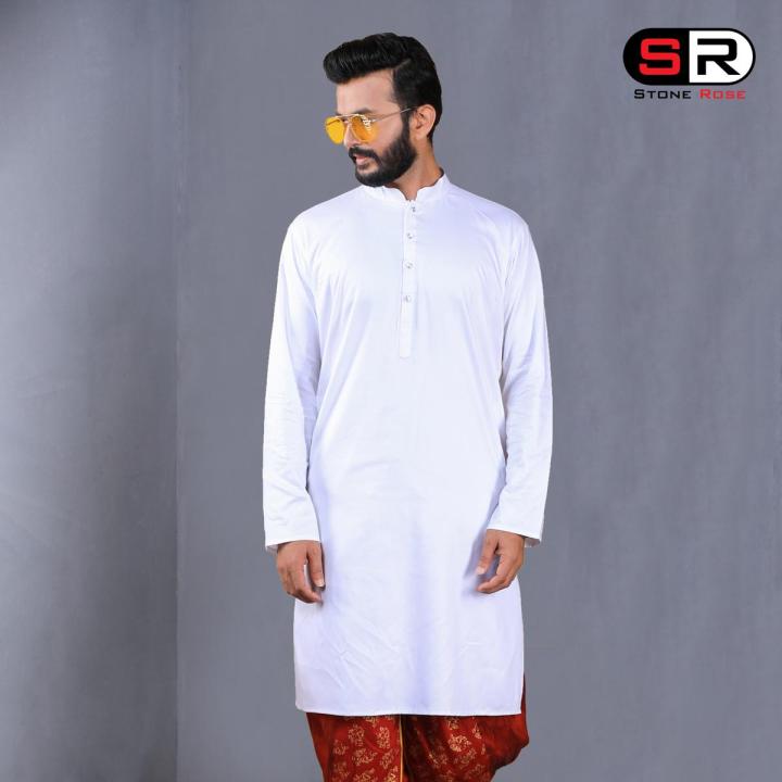 White Color Solid Casual Panjabi For Men's By Stone Rose - 17920P