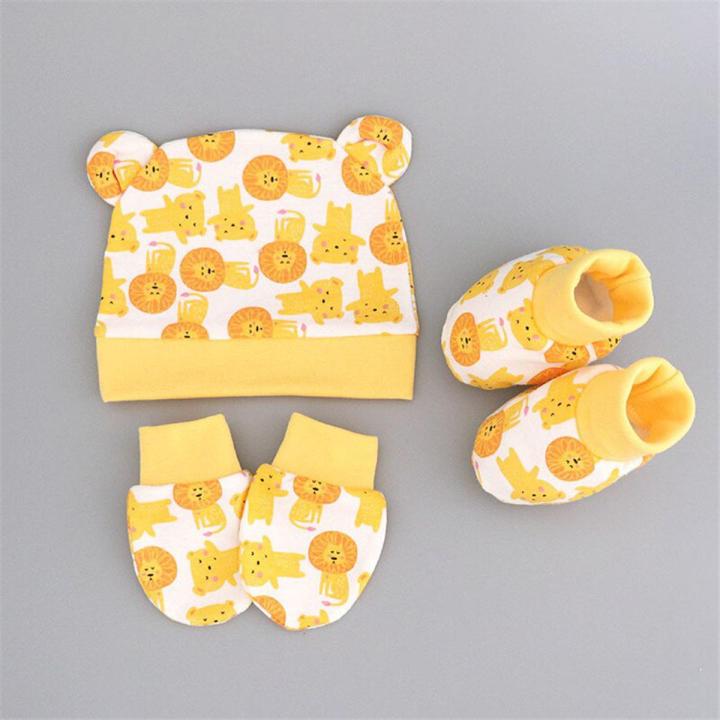 5pcs Baby Cartoon Anti-scratch Gloves Hat Foot Cover Set Handguard Cotton Mittens Beanie Socks Kit for Infant Newborn Headwear