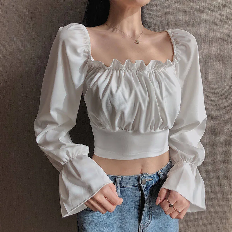 IELGY korean style chiffon square neck puff sleeve short shirt long sleeve top women s trend Daraz .bd