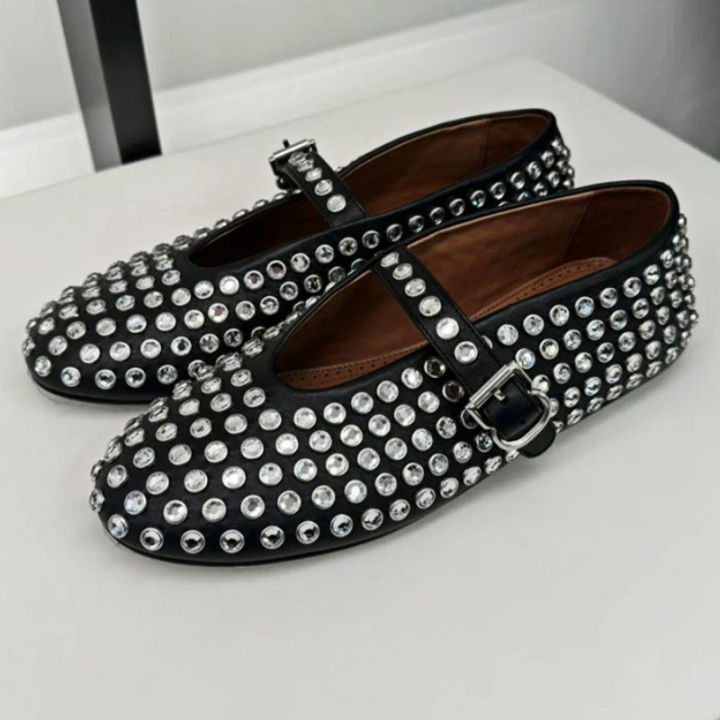 Rhinestone Flat Mary Jane Shoes Luxury Designer Mule Shoes Pumps Women Black Fashion Casual Round Head Rivet Flat Shoes Women House Foocus