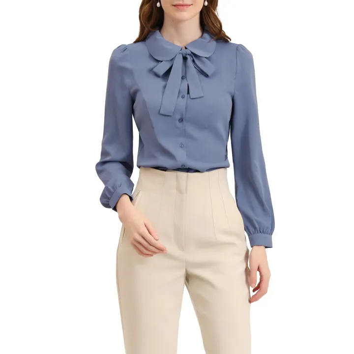 Women's%20Button%20Down%20Shirt%20Peter%20Pan%20Collar%20Tie%20Neck%20Workwear%20Blouses%20XS%20White%20-%20Image%202