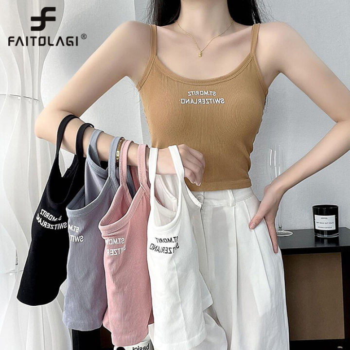 Tank Tops with Chest Pad Sleeveless Spaghetti Vest Solid Harajuku Korean Female Off Shoulder Knitted Khaki White Summer Women Tops