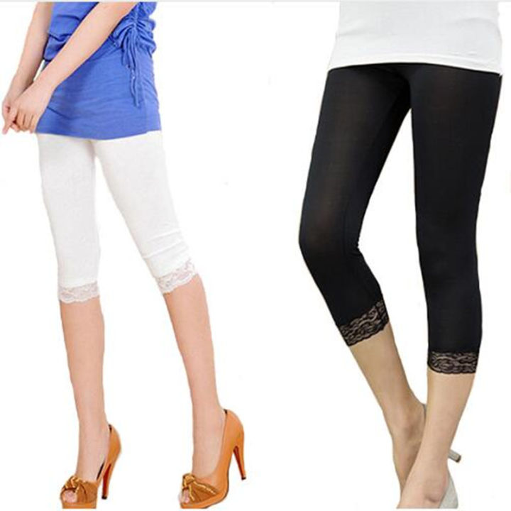 Women Elastic Lace Leggings Summer thin three quarter Pants bodycon jeggings big size Cropped Short Trousers Black White House Foocus
