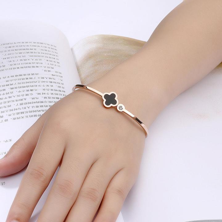 Steel Bangle Rose Leaf Clover Charm Opened Cuff Bangle Bracelet