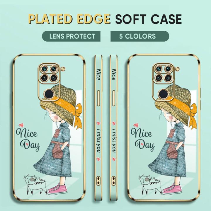 For Redmi Note 9 Back Cover Luxury 6D Plating Lovly Girl Side Pattern Soft Silicone Square Mobile Phone Case