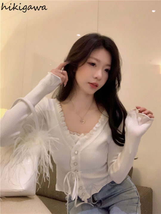 Sweet%20Cardigan%20for%20Women%20Lace%20Ruffles%20Bandage%20Tops%20Y2K%20Clothes%20Sueter%20Mujer%20Tunic%20Pink%20Cardigans%20Pull%20Femme%20Knit%20Cropped%20Sweater%20-%20Image%204