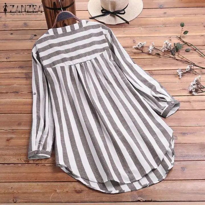 Oversized%20Women's%20Stripe%20Blouse%202023%20ZANZEA%20Spring%20Causal%20Shirts%20Button%20Down%20Blusas%20Elegant%20Female%20Long%20Sleeve%20Asymmetrical%20Tops%20-%20Image%206