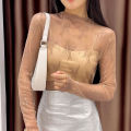 Women T Shirt See Through Transparent Mesh Tops Long Sleeve Sheer Slim Ladies Turtleneck Bright Silk T-Shirt Lace Crop Top.