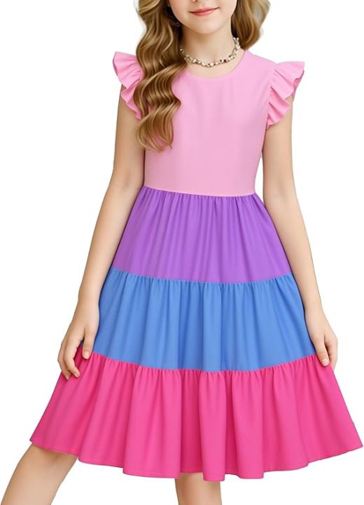 Kids%20Girls%20Summer%20sweet%20Dresses%20with%20Short%20Sleeve%20A-Line%20design%20and%20Tiered%20Midi%20Casual%20Sundress%20Size%200-12%20Years%20old%20childrens%20-%20Image%206