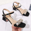 Large plus fat one line high-heeled sandals for women 2021 new square head rhinestone thick open toe middle heel small size women's shoes. 
