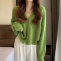 Avocado Green Knitted Cardigan for Women Loose and Lazy Style V Collar Long Sleeve Sweater Coat Japanese College Shawl Outer Match.