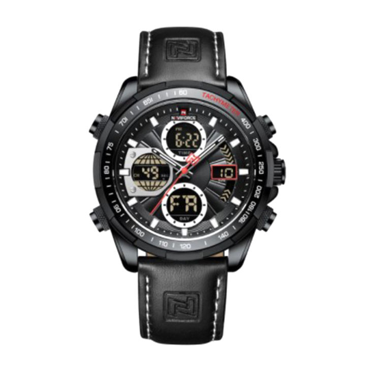 NAVIFORCE NF9197 Black PU Leather Dual Time Watch For Men - Black