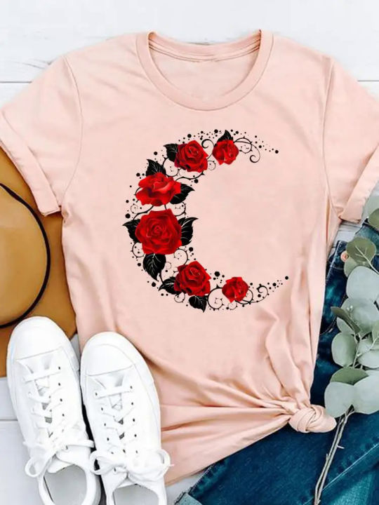 Women print T-shirts casual female short sleeve moon flower floral trend ladies fashion clothing T clothes graphic tee