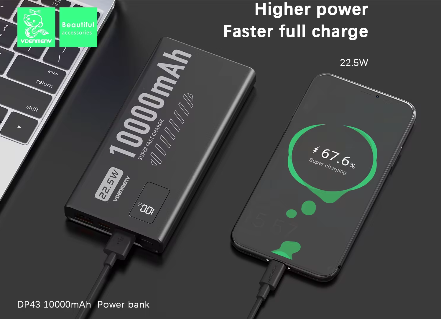 VDENMENV DP43 PD 22.5W QC3.0 10000mAh Power Bank Compact Portable Fast Charging External Battery Charger 10000 mAh Powerbank
