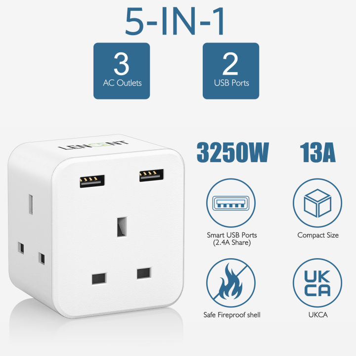 LENCENT%203-Side%20Charger%205%20in%201%20Design%20with%203%20AC%20Outlets%20and%202%20USB%20Ports%20Plug%20Extension%203%20Way%20Multi%20Charger%20Wall%20Socket%203%20Pin%20Singapore%20Plug%20Adaptor%20for%20Home%20Office,%2013A%203250W%20-%20Image%204