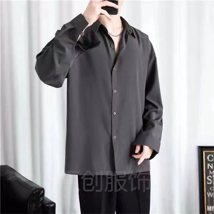 Ice%20Silk%20Shirt%20Men's%20Thin%20Hong%20Kong%20Style%20Ruffle%20Handsome%20High-Grade%20Draping%20Jacket%20Loose%20Half%20Pure%20Color%20All-Matching%20Shirt%20-%20Image%203