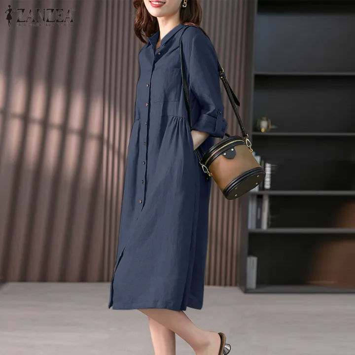 ZANZEA%20Women's%20Vintage%20Button%20Up%20Solid%20Midi%20Dresses%20Commute%20Leisure%20Lapel%20Shirtdress%20#8%20-%20Image%204