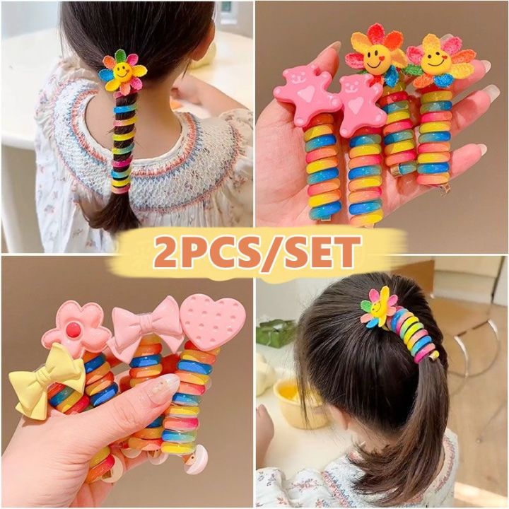 2PCS Kawaii Telephone Wire Hair Bands Ponytail Elastic Hair Bands Rubber Hair Ties Bundle Scrunchies Hair Accessories Headbands