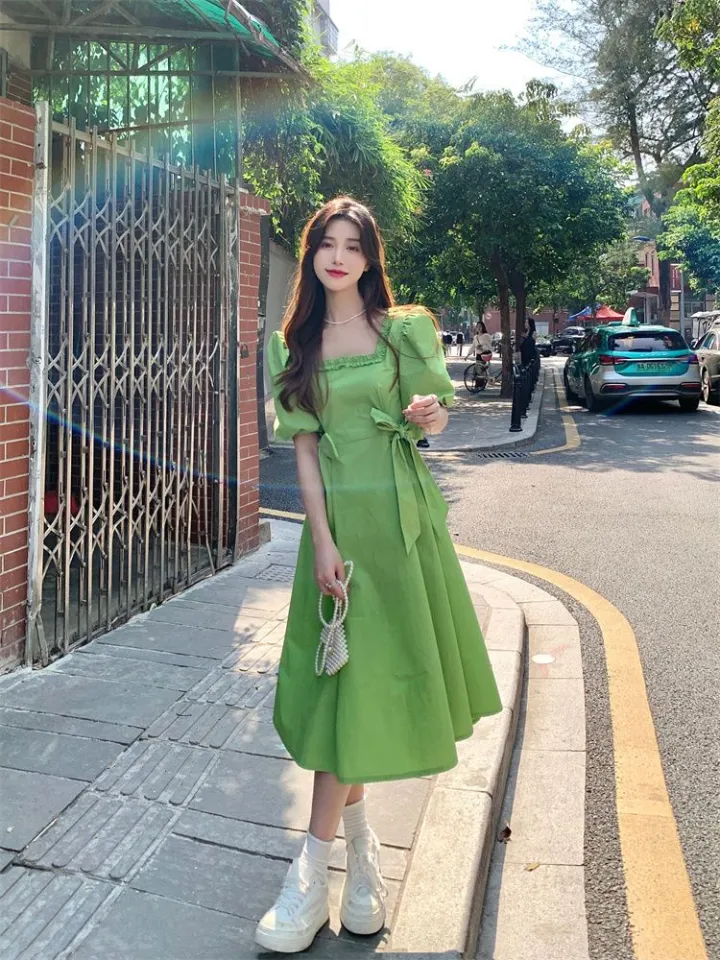 Bow Tie Square Collar Dress Women's Spring and Summer 2022 New Korean Style  Avocado Green Waist Slimming A- line Dress | Daraz.com.bd