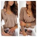 New Women's Polish Style Solid Mocha Hollow V-neck Knitted Sweater.