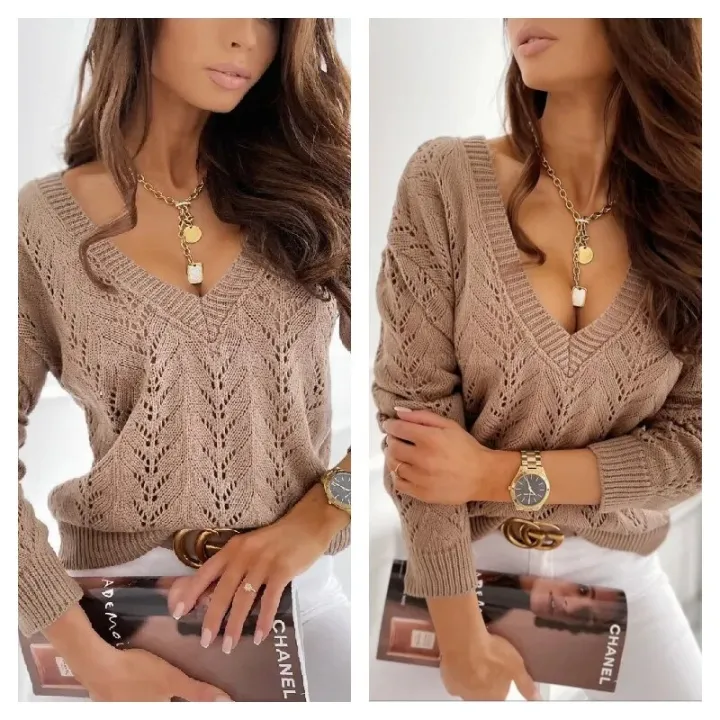 New%20Women's%20Polish%20Style%20Solid%20Mocha%20Hollow%20V-neck%20Knitted%20Sweater%20-%20Image%204